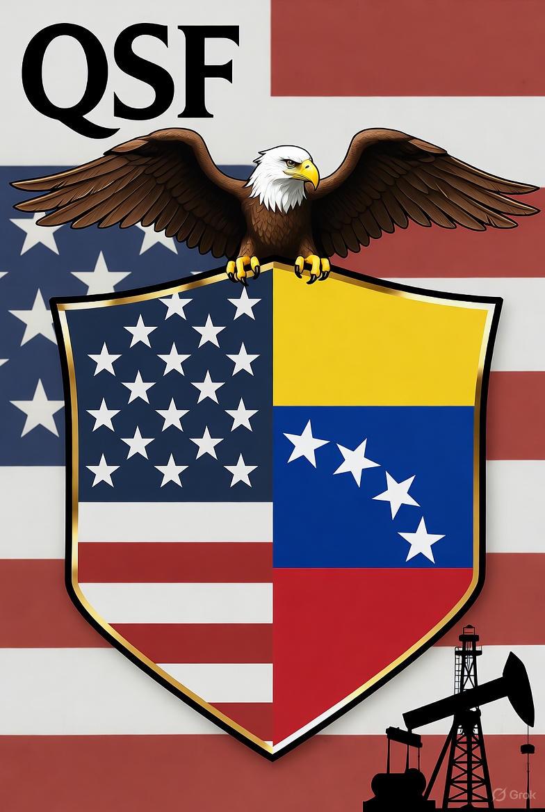 Logotipo QSF: Bandera de EE. UU. y Venezuela con un águila y un taladro petrolero
